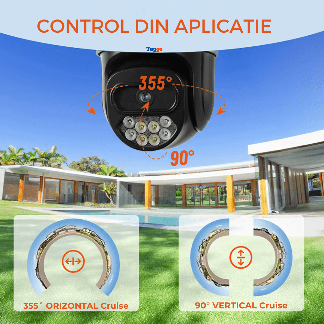 Camera de supraveghere 4G Taggo.ro, 10MP, full color, rezistent la apă, control din aplicație și urmărire automată.