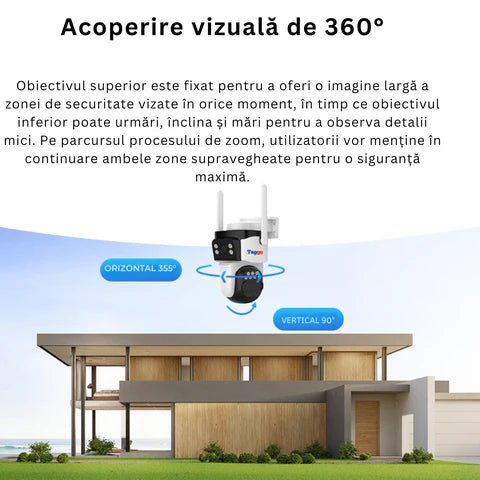 Camera supraveghere 4G VSTARCAM, 9MP, cu 3 lentile, zoom 10x, rezistentă la apă, acoperire vizuală 360° și funcție pan-tilt.