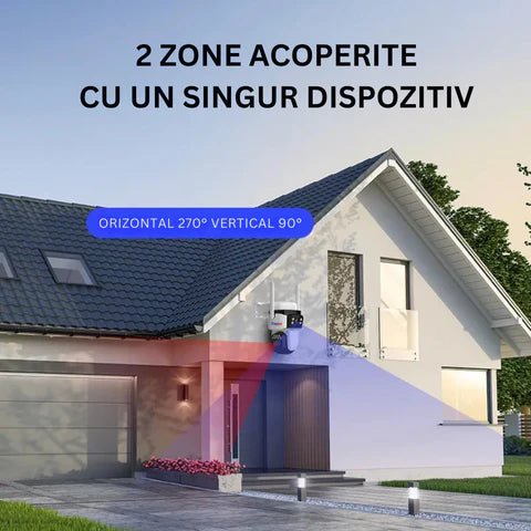 Camera supraveghere 4G VSTARCAM, 9MP, 3 lentile, zoom 10x, rezistentă la apă, acoperire vizuală 360° în imagine.