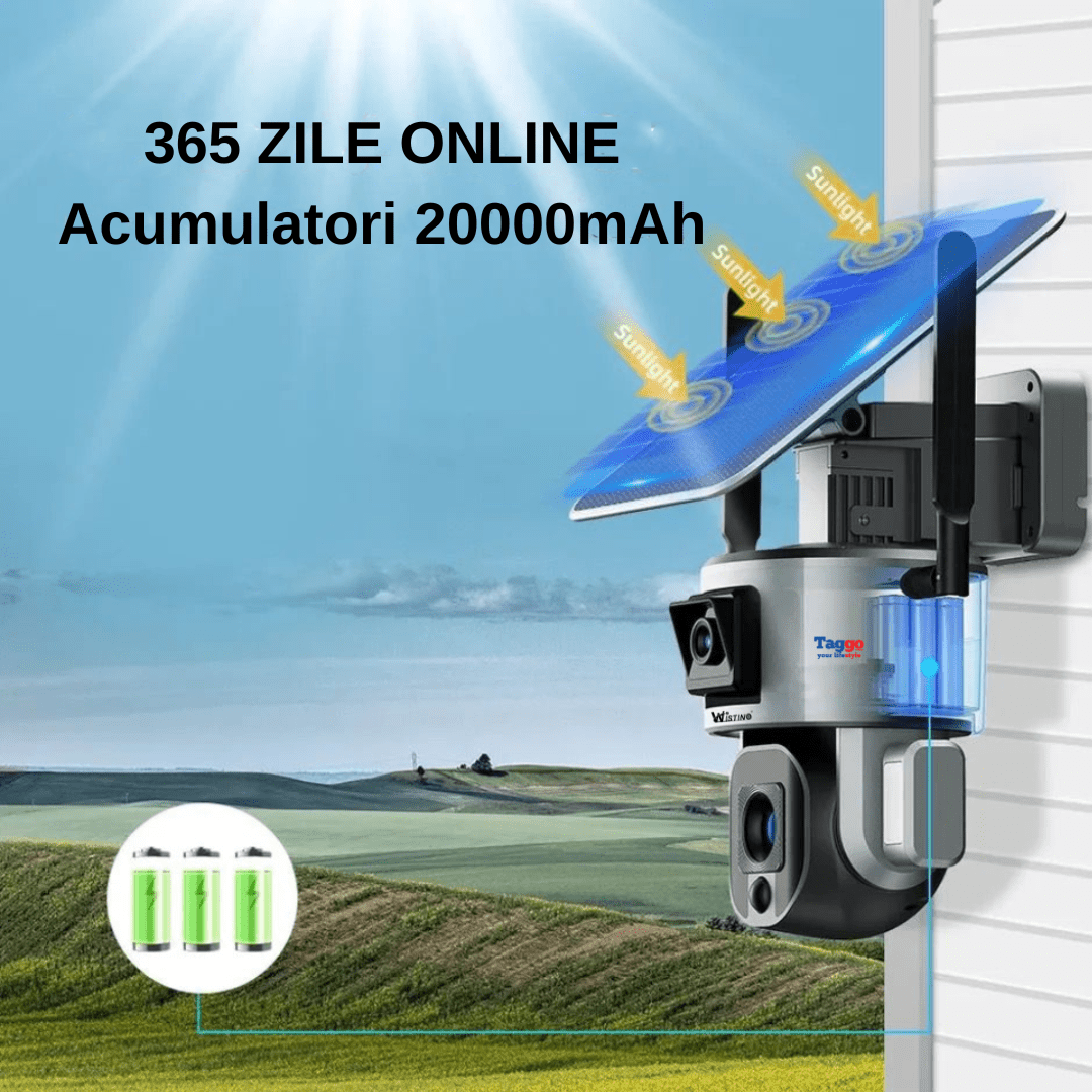 Camera supraveghere Taggo 4G 4K Ultra HD cu dual camera 4MP+4MP, zoom optic 20X, incarcare solară și rezistență IP66