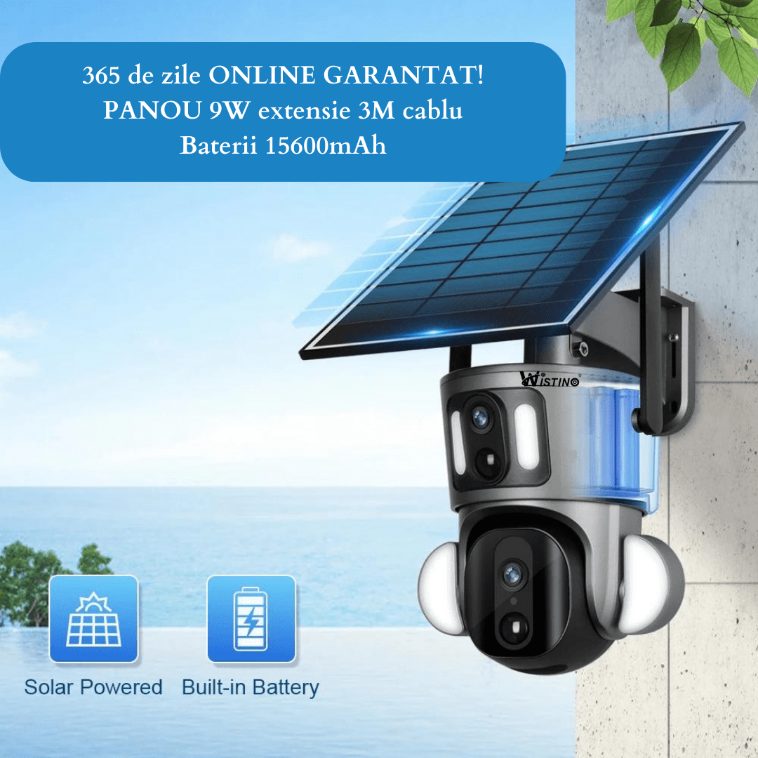 Camera supraveghere Taggo cu dual 6MP, 4G, 3K Ultra HD, incarcare solară, rotire din aplicație, rezistentă la apă IP66.