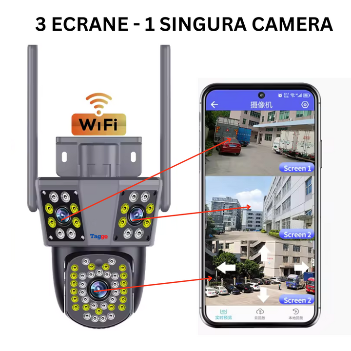 Camera de supraveghere WIFI 3K, 3 lentile, Control din aplicatie, Urmarire automata, Rezistenta la apa IP66 - Taggo.ro