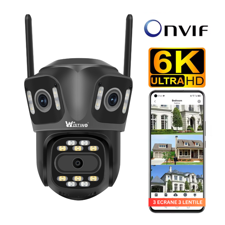 Camera de supraveghere WIFI 6K, 3 lentile, Control din aplicatie, Urmarire automata, Rezistenta la apa IP66 - Taggo.ro