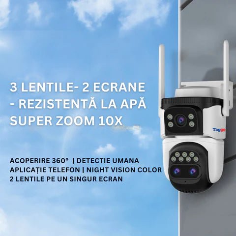 Camera supraveghere VSTARCAM 4G, 9MP cu 3 lentile, zoom 10x, rezistență la apă și acoperire vizuală 360°.