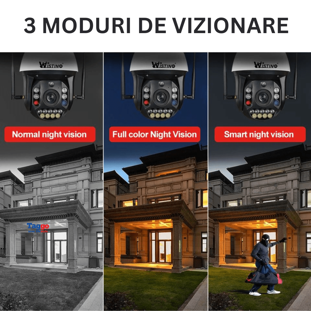 Camera supraveghere WiFi 4K Ultra HD, zoom 99x, rotire 360° din aplicație, rezistentă la apă IP66, de la Taggo.ro