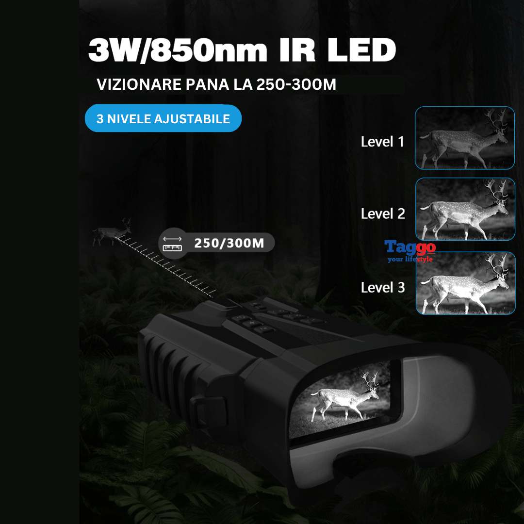 Binoclu digital profesional de vânătoare Taggo cu vedere nocturnă 300m, zoom 8X, ecran LCD și acumulator, culoare verde