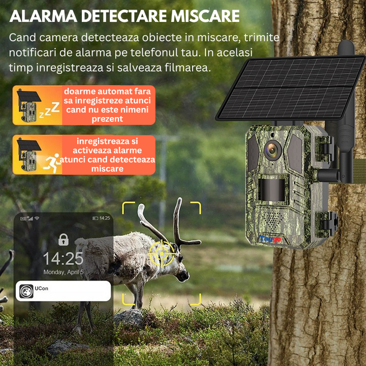 Camera Supraveghere Solara 4G, 16MP Foto, 4MP Video, Panou Solar 4W, Baterie 7800mAh, Detectie Miscarе, Audio Bidirectional, IP66 - Taggo.ro