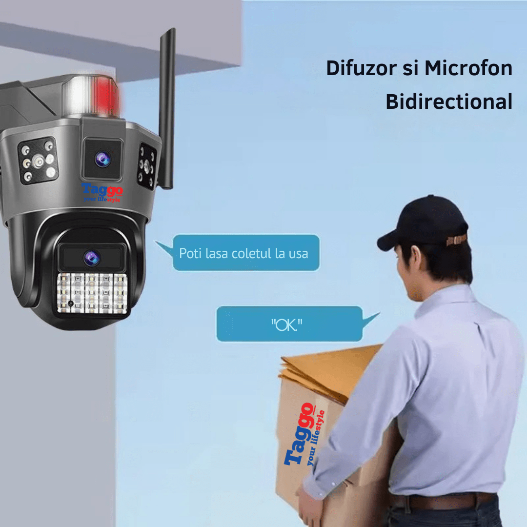 Camera de supraveghere 4G Taggo.ro cu 2 lentile, control din aplicație, rezistentă la apă IP66, urmărire automată, cartela SIM.