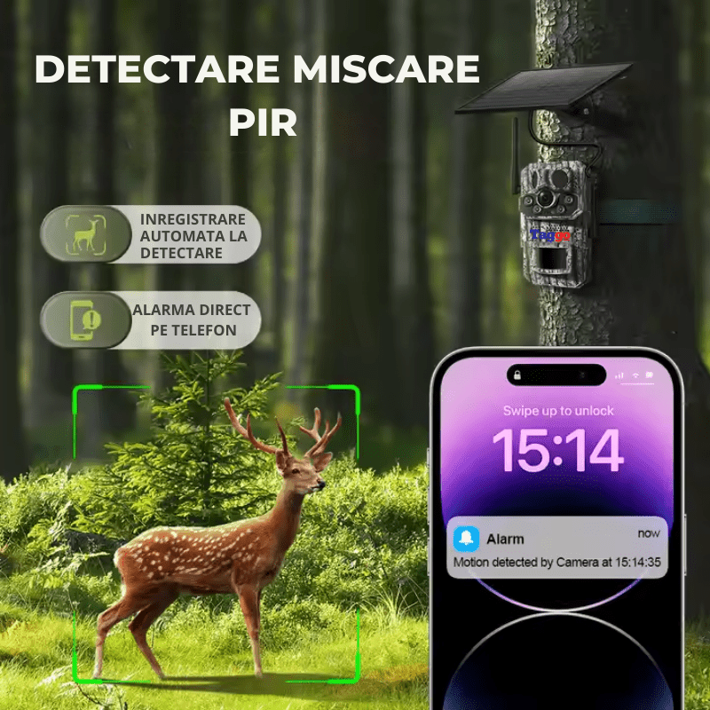 Camera de vânătoare Taggo cu conexiune 4G, 5MP, încărcare solară, GPS și rezistență IP66, pentru supraveghere în mediul exterior