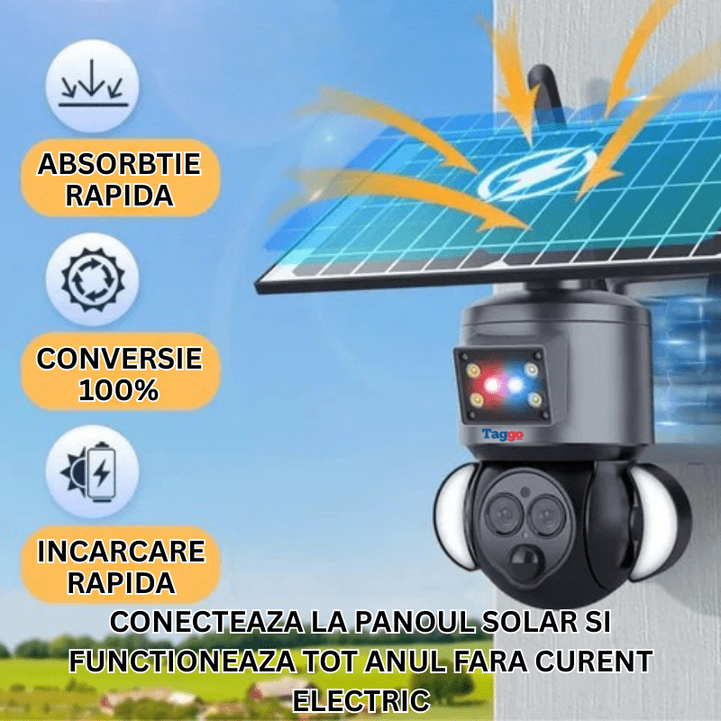 Camera de supraveghere 4G 4K HD Taggo.ro cu lentilă duală, zoom 12x, alimentare solară și rotire controlată din aplicație, rezistentă IP66.