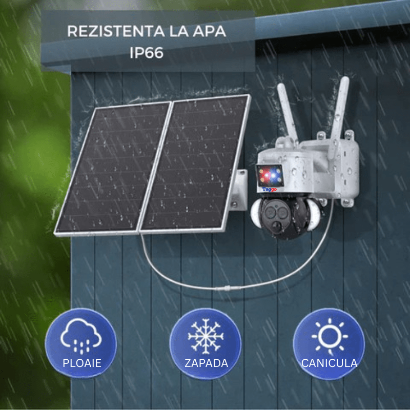 Camera de supraveghere Taggo cu incarcare solară, rezistentă la apă IP66, zoom 12x, 4K, FullHD, rotire din aplicație.