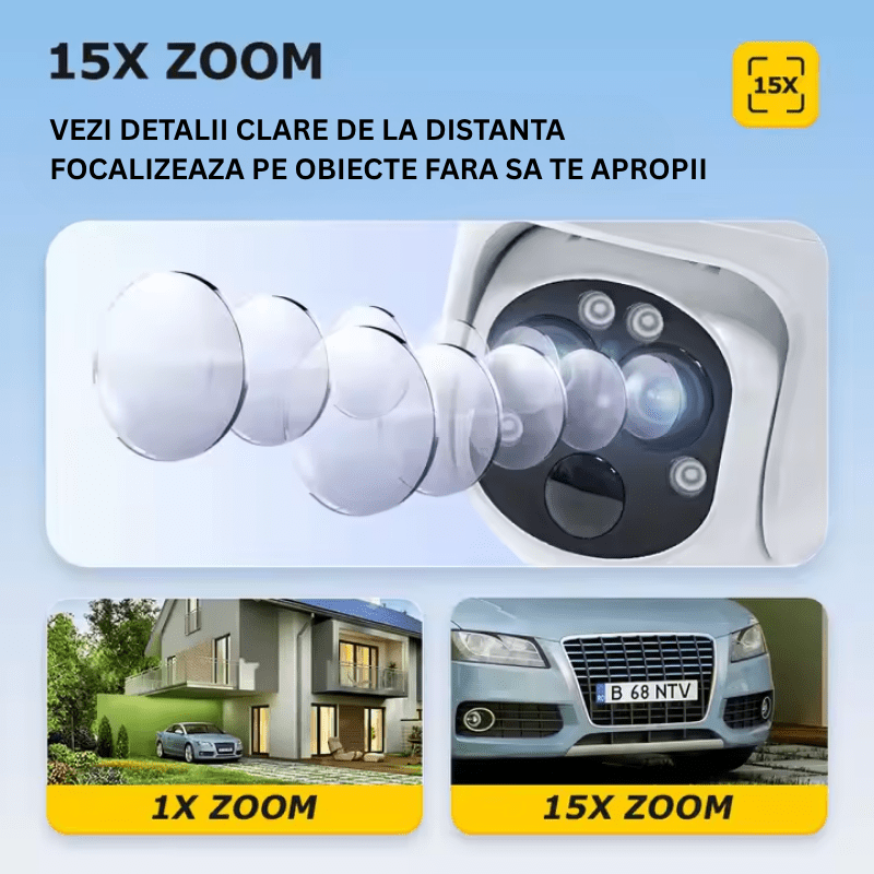 Camera de supraveghere Taggo exterior cu 3 lentile, rezoluție 6MP, zoom 15X, conectivitate 4G, iluminare nocturnă și încărcare solară.