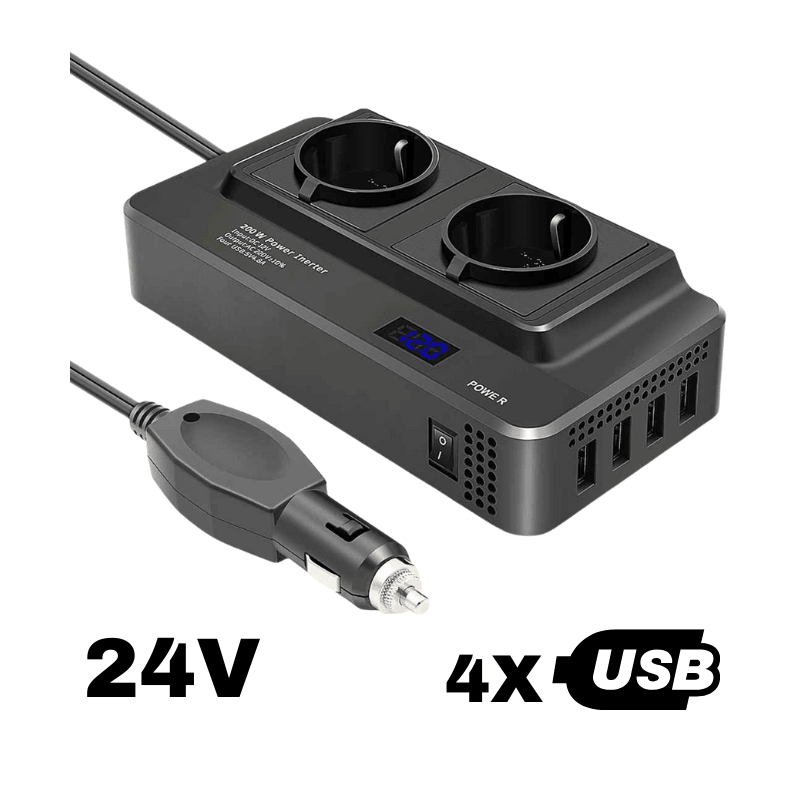 Invertor de tensiune Taggo 24V la priză auto, 230V, 400W, 4 porturi USB, afișaj digital, suport PD, pentru mașină.