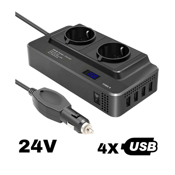 Invertor de Tensiune 24V de la Priza Auto la Priza EU Dubla 230V, Putere 400W, 4 x Porturi USB, 5.4A, Suport PD, Afisaj Digital - Taggo.ro