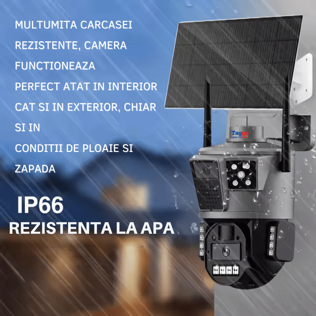 Camera de supraveghere solară 4G 4K Taggo.ro, cu panou solar 30W și rezistență la apă IP66, pentru securitate eficientă