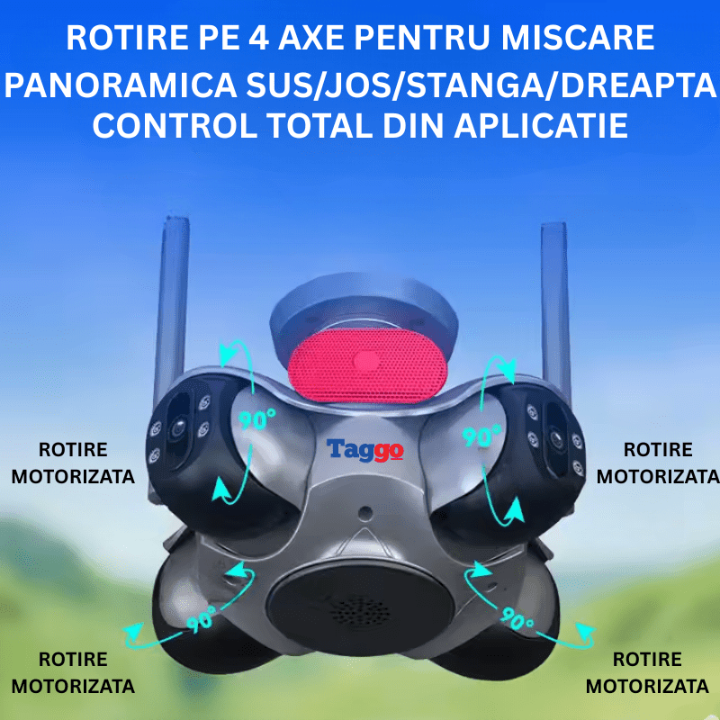 Camera de supraveghere WiFi Taggo 8K cu 4 lentile PTZ, detectie mișcare, alarmă sonoră și comunicare bidirecțională, IP66