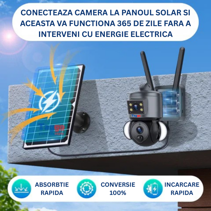 Camera Supraveghere 4G 4K Ultra HD, Dual Camera 4MP+4MP, 10X ZOOM, Incarcare Solara, Rotire Din Aplicatie, Rezistenta La Apa IP 66 - Taggo.ro