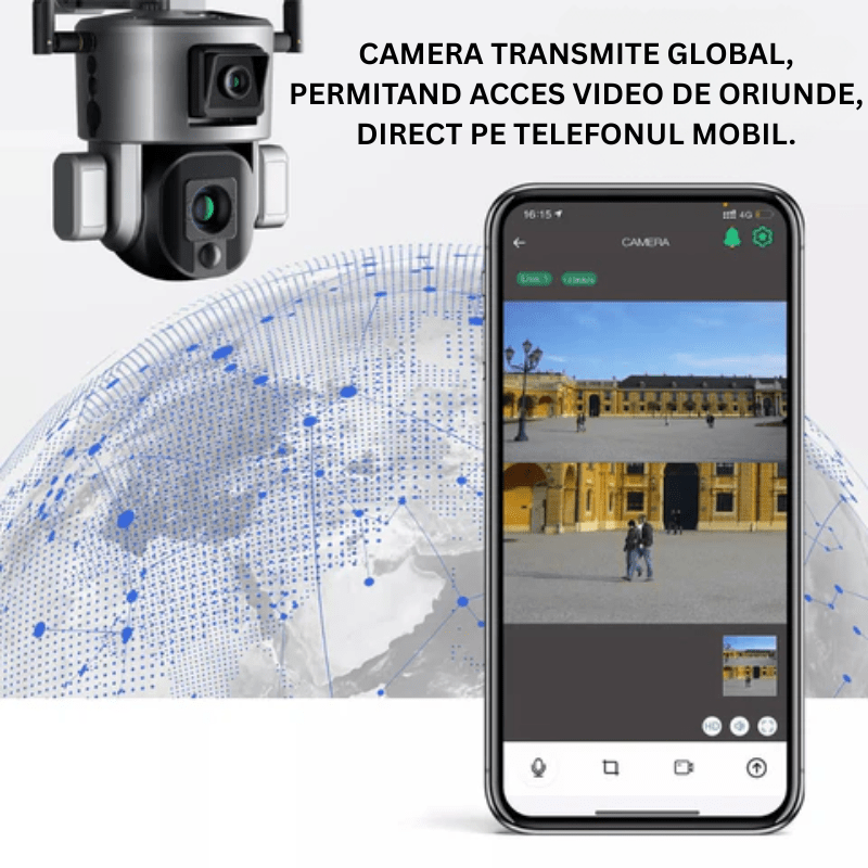 Camera de supraveghere Taggo 4G 4K Ultra HD, duală, zoom 20x optic, alimentare solară și rotire controlată din aplicație, IP66