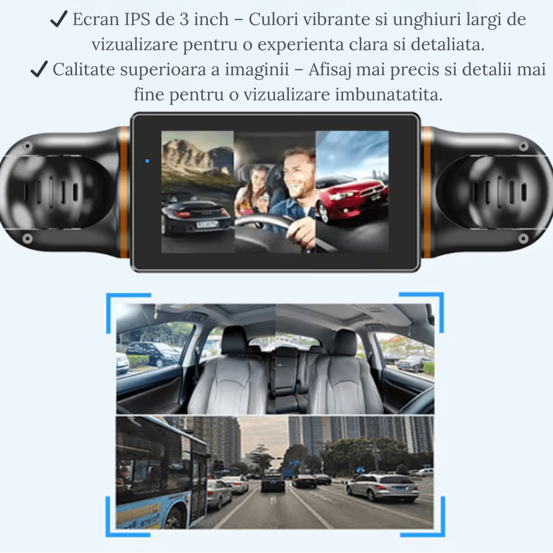 Camera auto Crocodil Taggo.ro cu 4 lentile, vizualizare 360°, senzor G, înregistrare în buclă și vedere nocturnă.