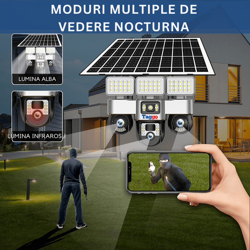 Camera de supraveghere Taggo.ro cu panou solar, 12MP, vizionare nocturnă, detectie miscare și comunicare bidirecțională.