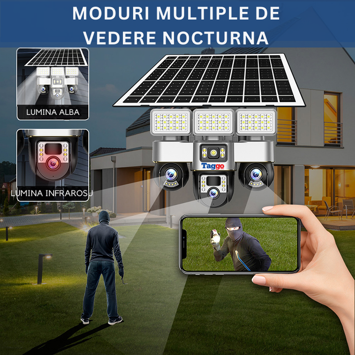 Camera de Supraveghere cu Panou Solar, Conexiune 4G, 12MP, Detectie miscare, Vedere pe Timp de Noapte, Urmarire Miscare Umana, Rezistent la Apa/Intemperi, Comunicare Bidirectionala - Taggo.ro