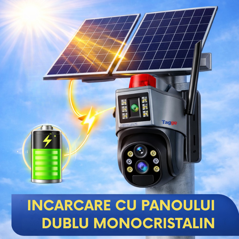 Camera de supraveghere Taggo.ro 4K cu panou solar, zoom 10X, conexiune 4G, detectie umană și control din aplicație.
