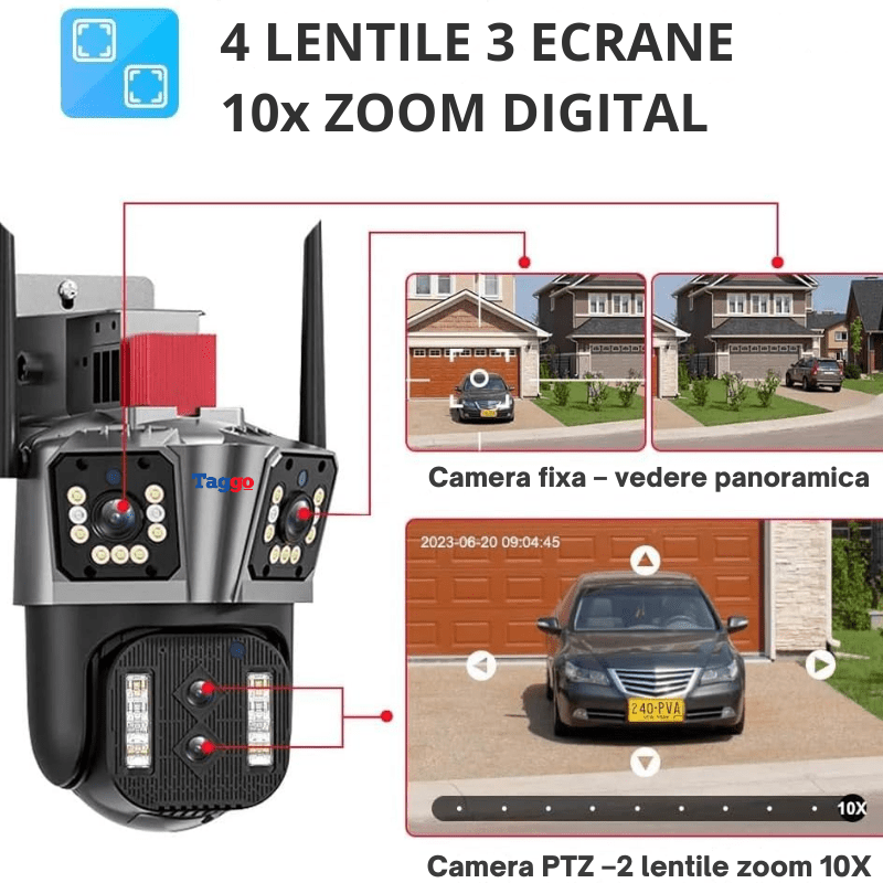Camera de supraveghere Taggo cu zoom 10X, rezoluție 8K, 16MP, WiFi, control app și urmărire automată.