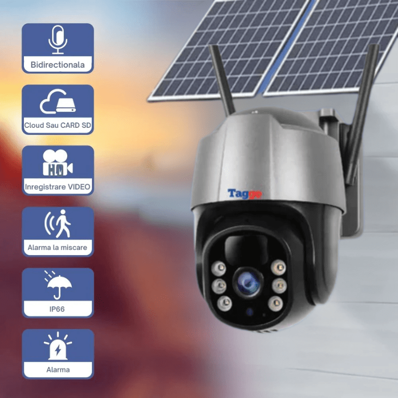 Camera de supraveghere exterior Taggo 5 MP, zoom 10X, Full HD, panou solar dublu 10W, rezistentă la apă IP66 și card 64GB