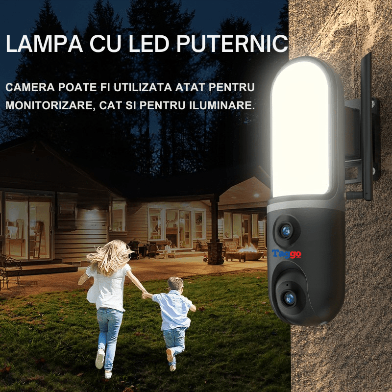 Camera de supraveghere WiFi Taggo.ro cu LED, viziune nocturnă color, 2 lentile și comunicare bidirecțională.