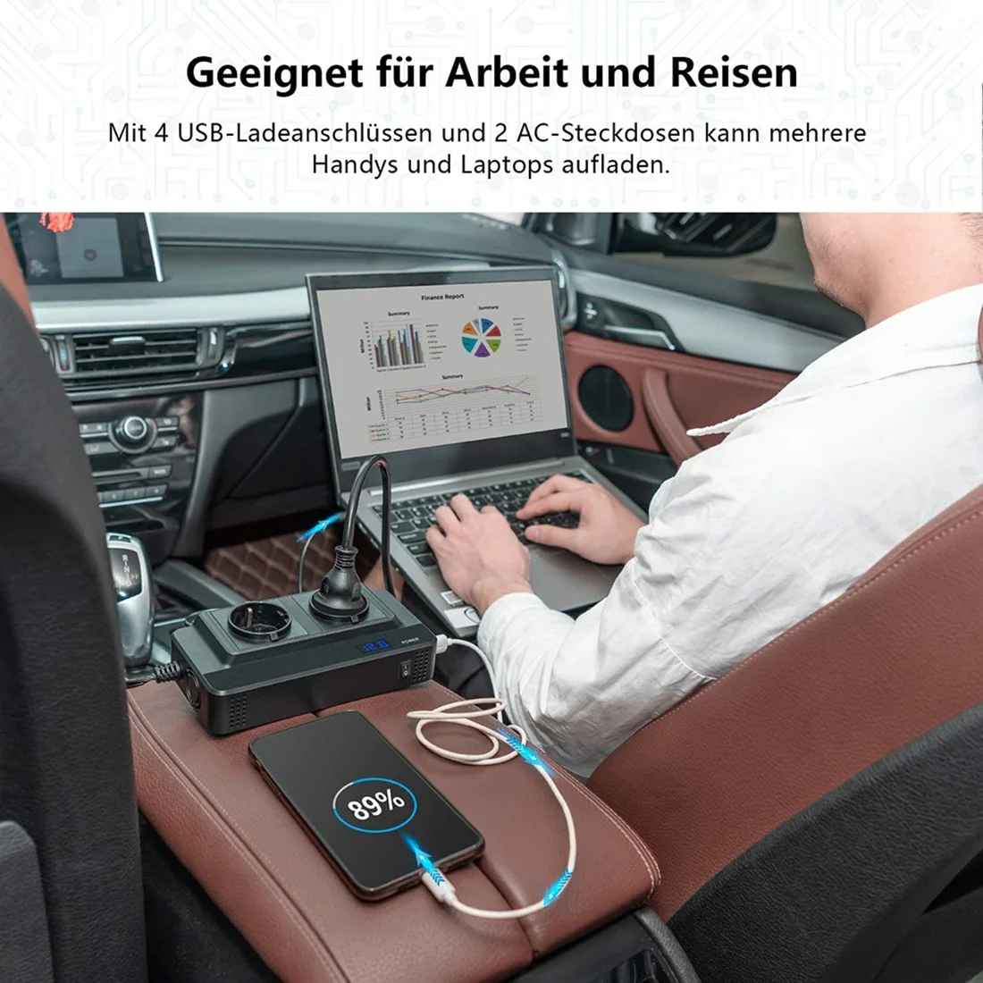 Invertor de tensiune Taggo 12V la priză auto la priză EU duală 230V, 400W, 4 porturi USB și afișaj digital.