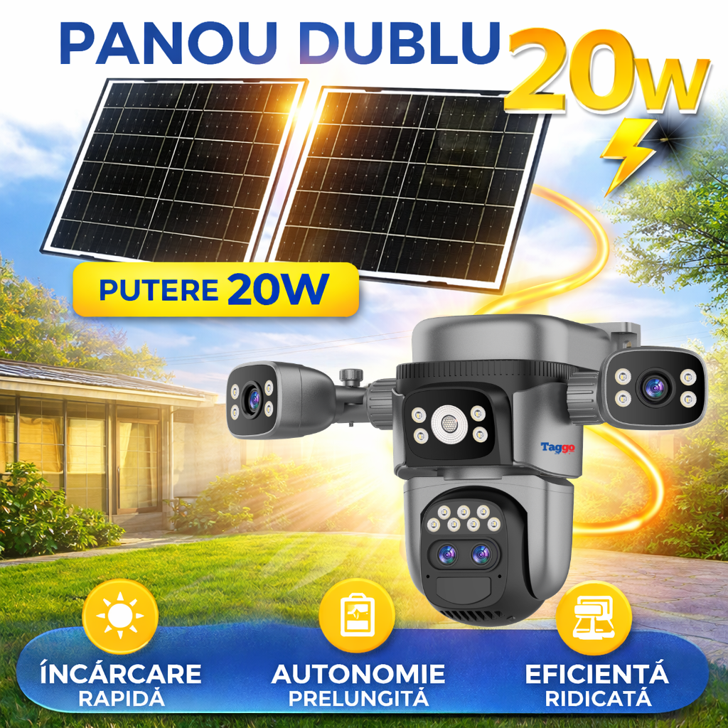Camera de supraveghere Taggo 4G 4K, 12MP, cu panou solar, zoom optic 10x, viziune nocturnă și detectie PIR, rezistentă la apă.