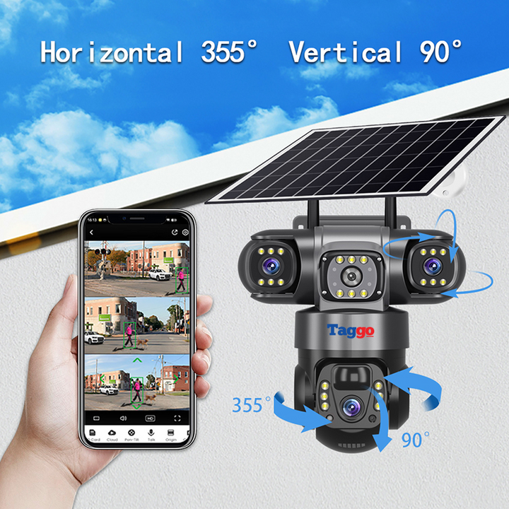 Camera Supraveghere cu Panou Solar, Conexiune 4G Cartela SIM, 9MP, 3 Lentile, Comunicare Bidirectionala - Taggo.ro