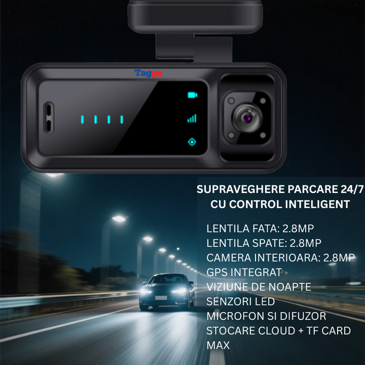 Camera Auto Dubla- Fata si Interior 4K, Cartela SIM 4G, Functionare 24/24, Viziune Nocturna, Comunicare Bidirectionala, GPS - Taggo.ro