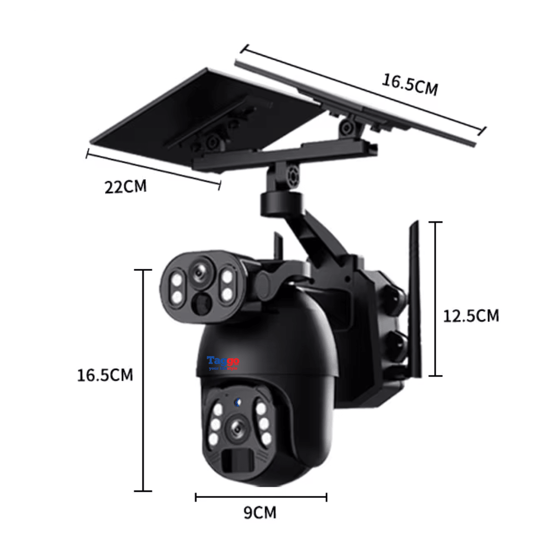 Camera supraveghere Taggo.ro 4G Ultra HD cu dual camera 6MP, incarcare solară, rotire din aplicație, rezistență IP66, ideală pentru exterior.