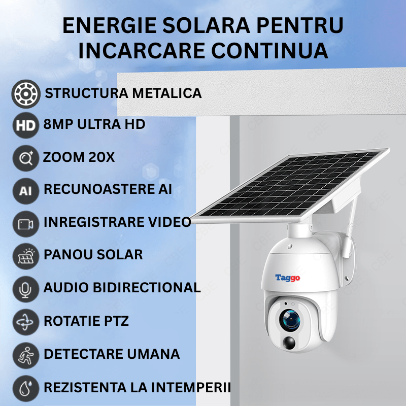 Camera de supraveghere WiFi Taggo.ro cu panou solar, 8MP, zoom optic 20x, structură metalică, protecție IP66 și comunicare bidirecțională