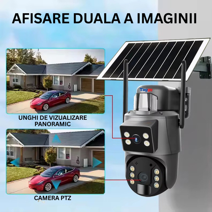 Camera Supraveghere Solara 4G 8MP Ultra HD, Panou Solar 20W, Baterie 15600mAh, PTZ 355°/90°, Zoom 4x, Audio Bidirectional, IP66 - Taggo.ro