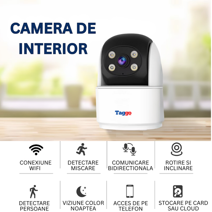 Camera de Supraveghere de Interior, 3MP, WiFi, Viziune Nocturna Color, Alarma Sonora si Luminoasa, Comunicare Bidirectionala - Taggo.ro