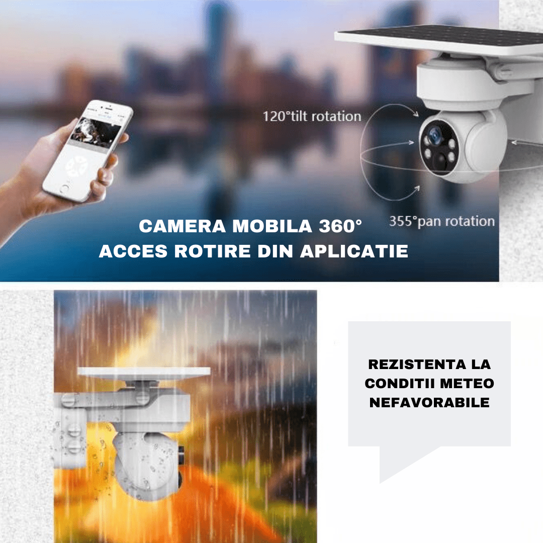 Camera de supraveghere solară 4G cu card SIM, 5MP, panou solar, control din aplicație și rezistență la apă.