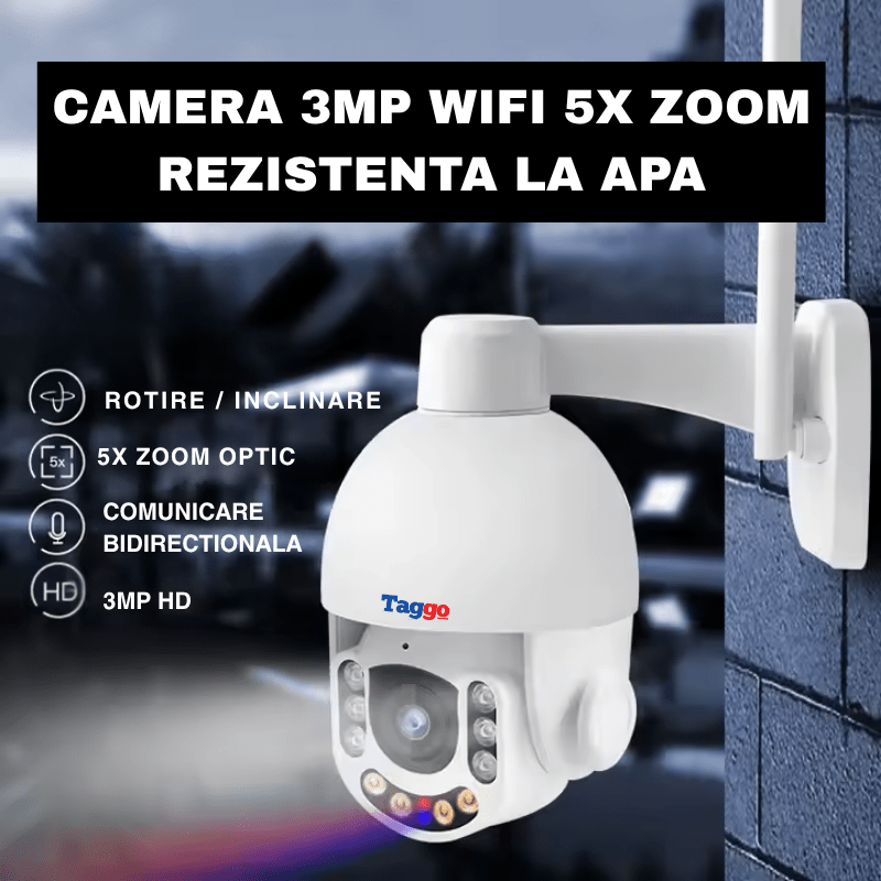 Camera de supraveghere wireless Taggo.ro cu zoom optic 5X, 3MP, rezistentă la apă și praf IP66, detectie umană și comunicare bidirecțională.