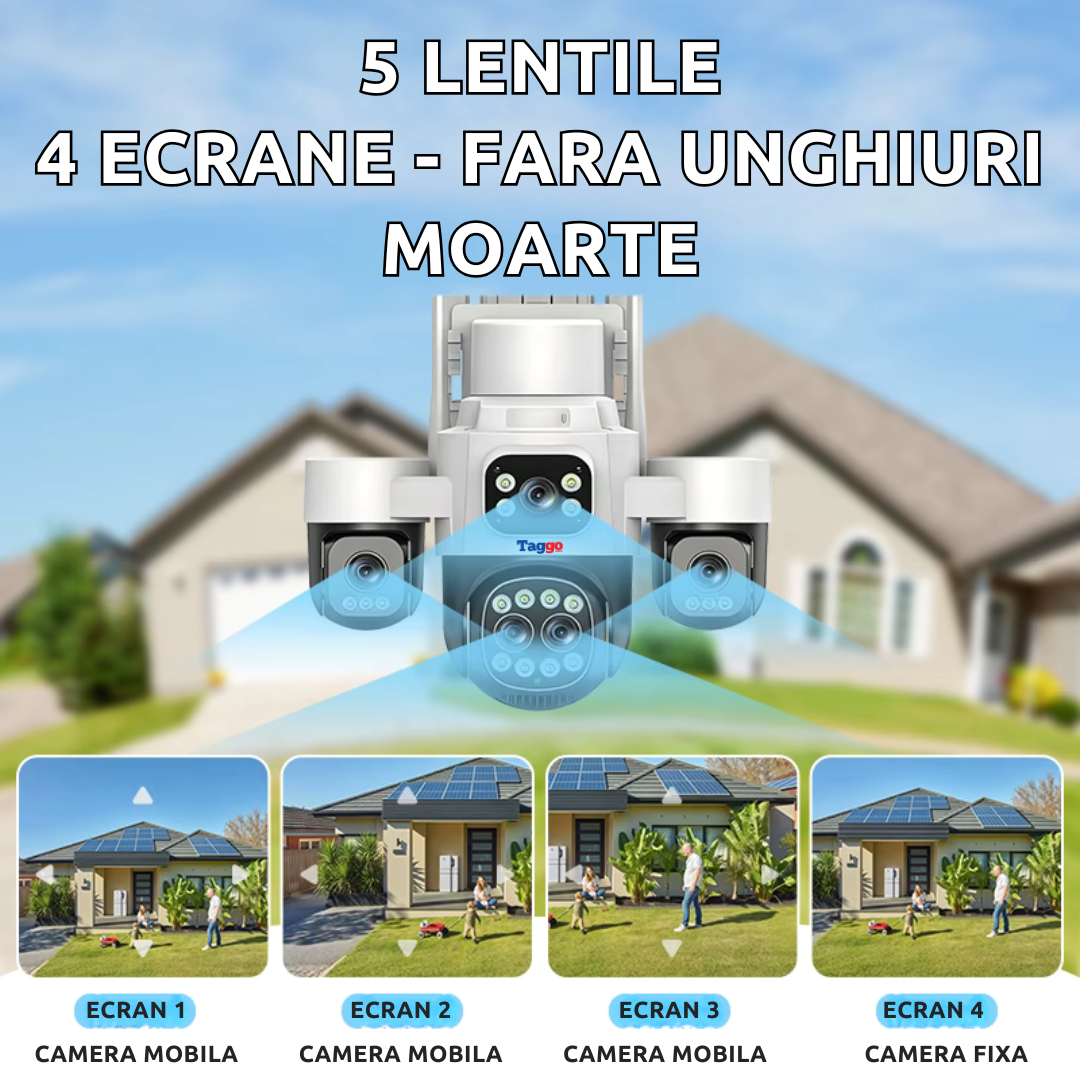 Camera de supraveghere 4G cu dublu panou solar 18X ZOOM, 20MP, 5 lentile, functie AOV, comunicare bidirectionala, detectie umana AI