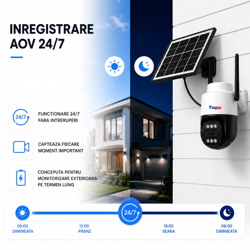 Camera de supraveghere P60 4G cu panou solar 10W, 5MP și funcție PTZ, montată și pregătită pentru utilizare.