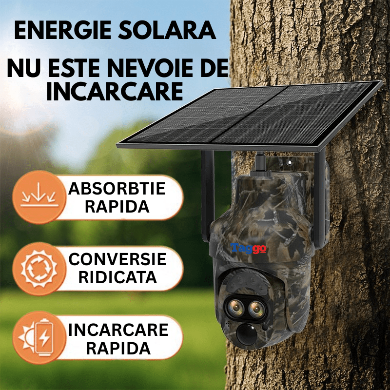 Camera de vânătoare camouflage Taggo.ro cu rezoluție 6MP, zoom 12X, conectivitate 4G, IP66 și control din aplicație.