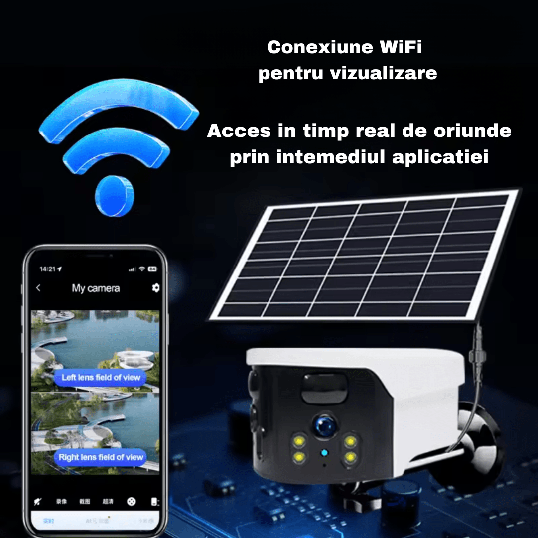 Camera supraveghere 4G Taggo.ro, 4K, 8MP, cu 2 lentile, incarcare solara, vedere panoramica, control din aplicatie, IP65