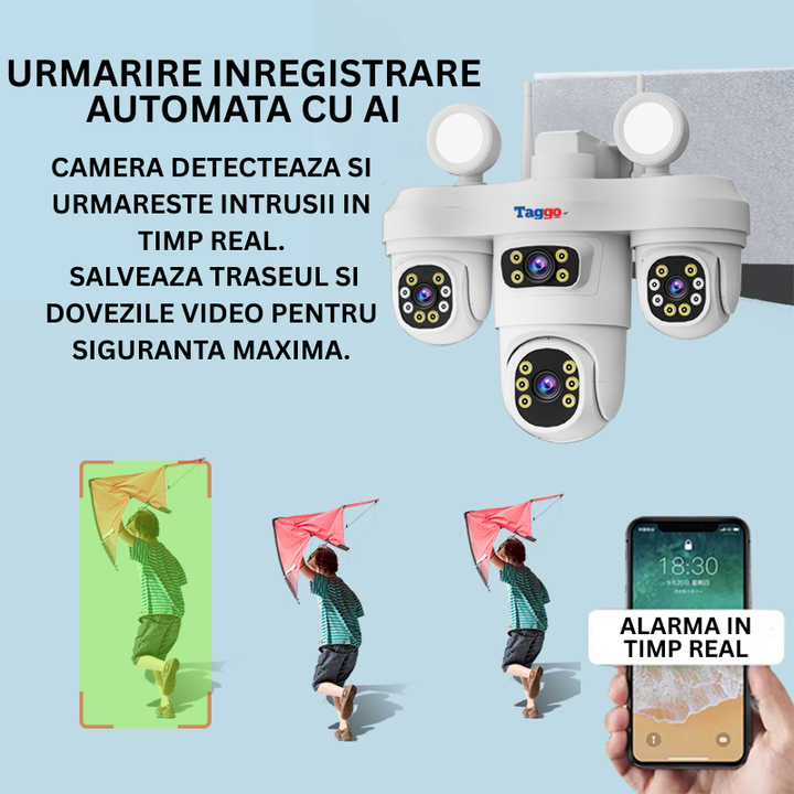 Camera Supraveghere WiFi cu 4 Lentile, 16MP, Viziune Color Noapte, Audio Bidirectional, IP65, Detectie si Urmarire Umana - Taggo.ro