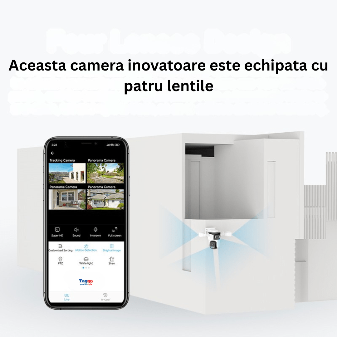 Camera supraveghere WiFi Taggo.ro cu 12MP, lentile HD, vedere panoramică 360° și funcție PTZ, audio bidirecțional.