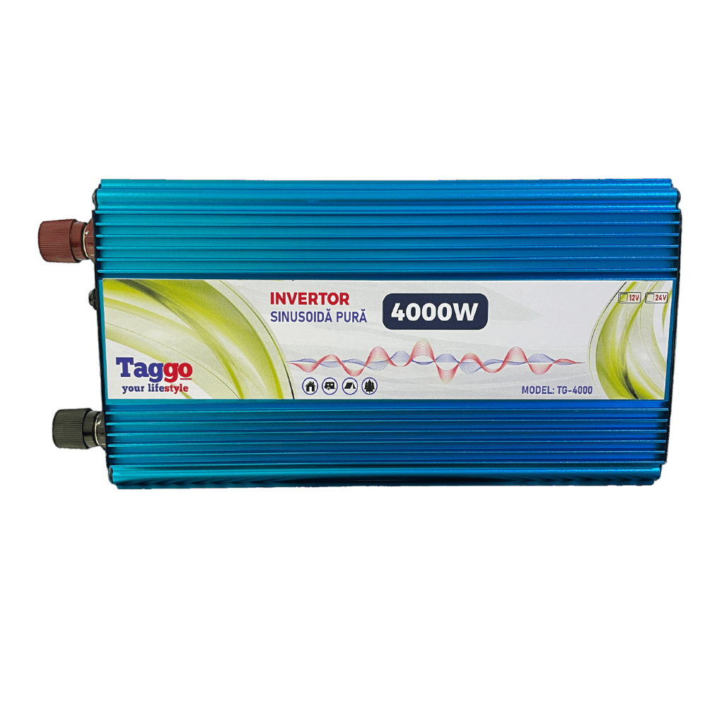 Invertor 2 în 1 SINUS PUR AutoBox.ro, 4000W, 24V la 220V, cu funcție UPS pentru încărcare acumulatori în imagine.