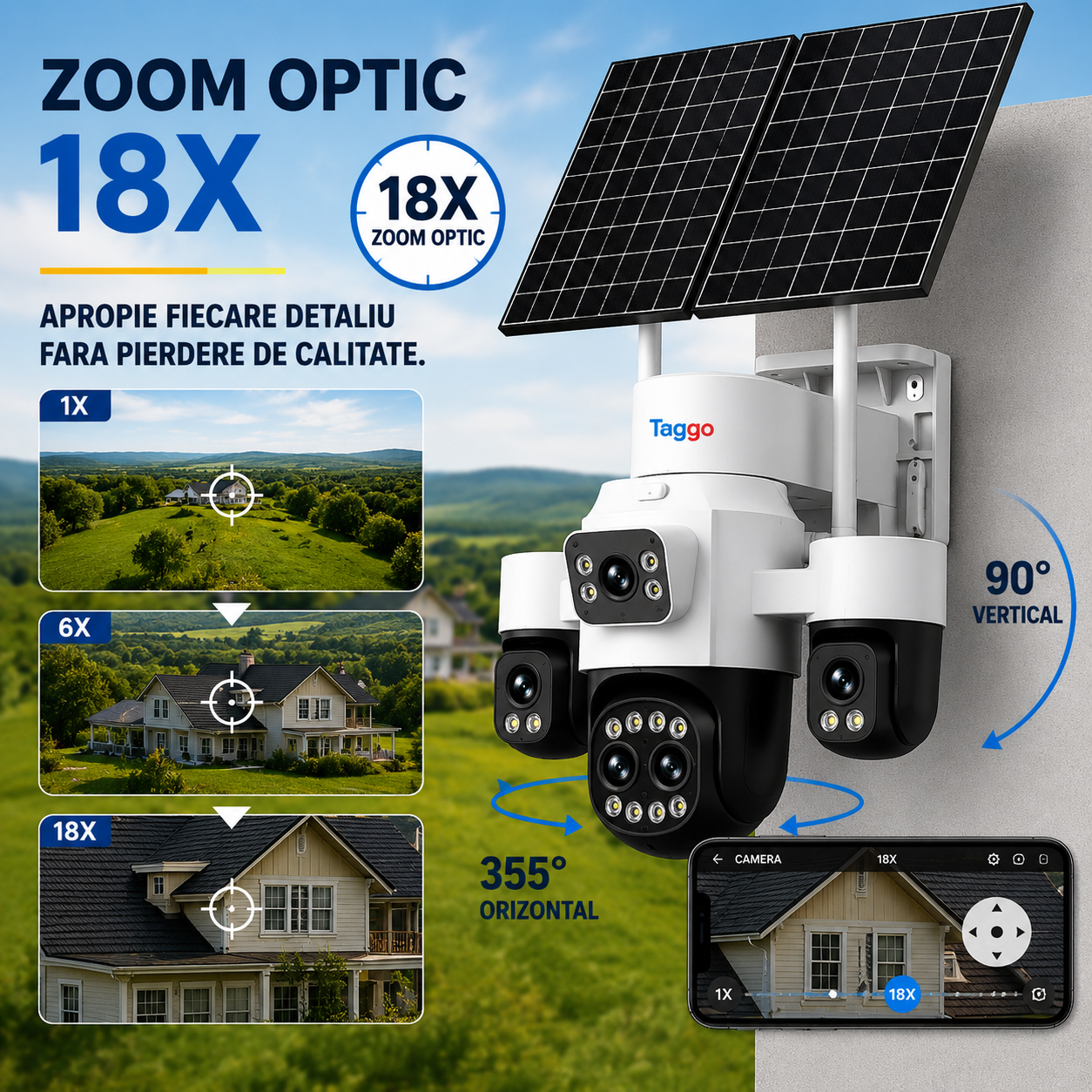 Camera supraveghere HiEasy 4K 4G cu eSIM, 20MP, 5 lentile, Zoom 18X, functie AOV, dublu panou solar, detectie umana AI, comunicare bidirectionala