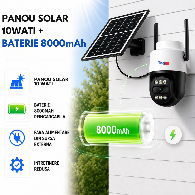 Camera de supraveghere P60 4G cu panou solar 10W, 5MP și funcție PTZ, capturând imaginea în exterior