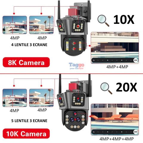 Camera de supraveghere WIFI Taggo 10K, 20MP, zoom 20X, 5 lentile, control din aplicație, comunicare bidirecțională