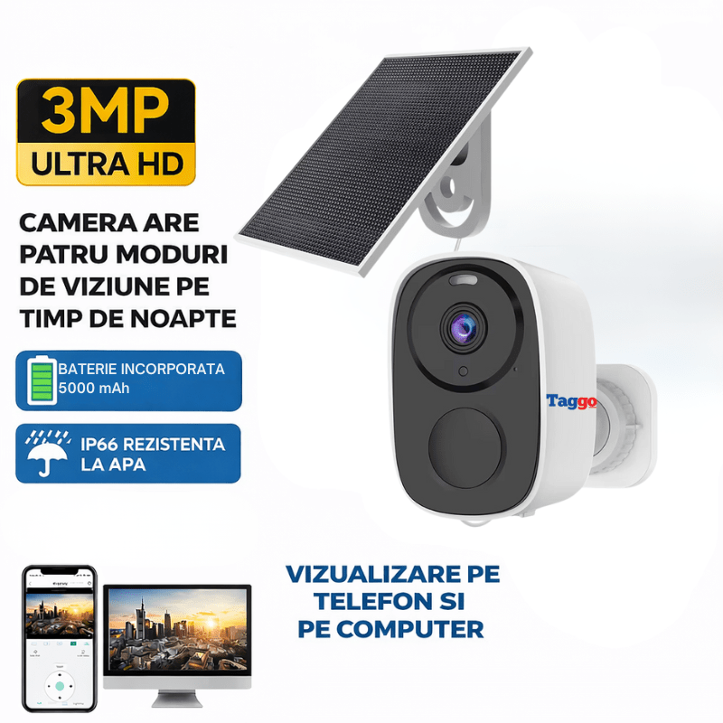 Camera de supraveghere Taggo cu panou solar, 3MP, WiFi, IR, IP66, control prin aplicație, fixă, pentru exterior